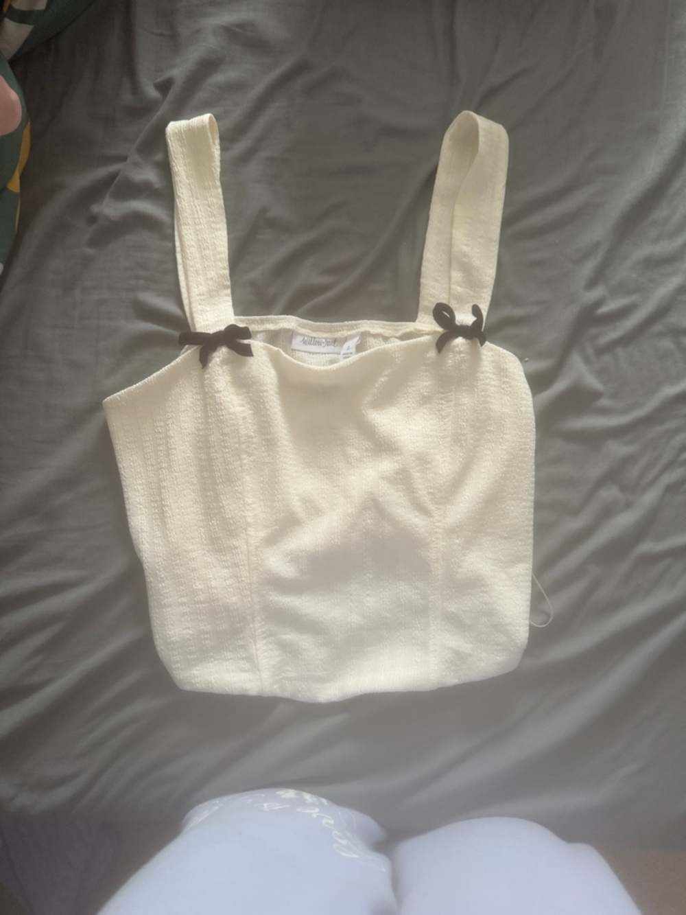 Buckle Cream Textured Square-Neck Crop Camisole with Black Bow Details